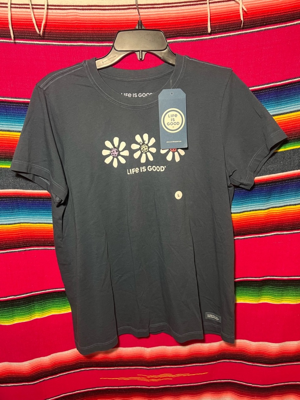 NWT Life is Good 3 Daisies Short Sleeve Crusher Tee Slate Blue Size Large